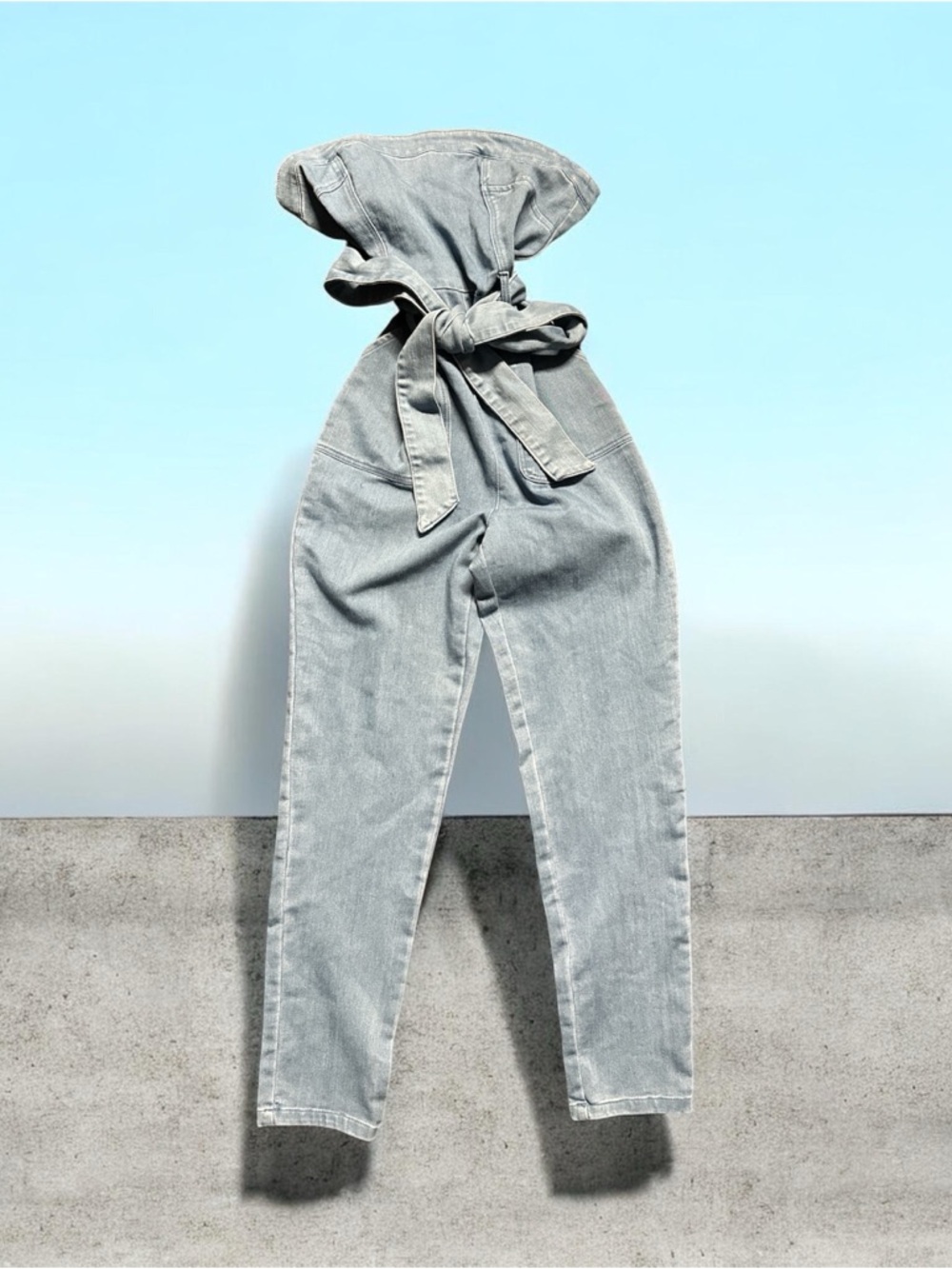 S NWT Light wash Denim Jean jumpsuit corset strapless with Tie Belt